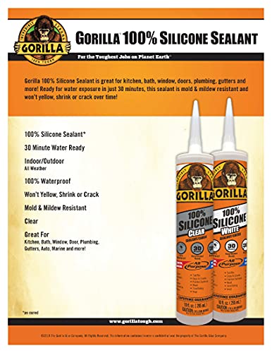 Image of Gorilla Clear 100% Silicone Sealant Caulk, 10 Ounce Cartridge, Clear, (Pack of 12)