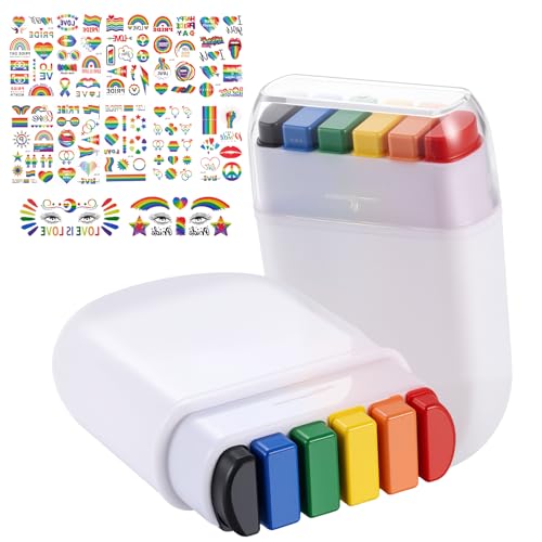 Pride Rainbow Face Paint Kit 2 Pack Pride Face Paint Sticks 12 Pride Temporary Tattoos 100+PCS Pride Stickers for Gay Pride Parade Pride Day and Party Cosplay LGBTQ Celebrations