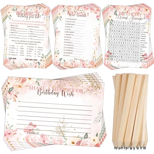 Fumete Birthday Party Games & Activities 100 Pcs Who Knows The Girl Game with 20 Pencils Girly Birthday Cards Set for Teens Sweet Sleepover Party Supplies for Girls,4 Activities(Rose)