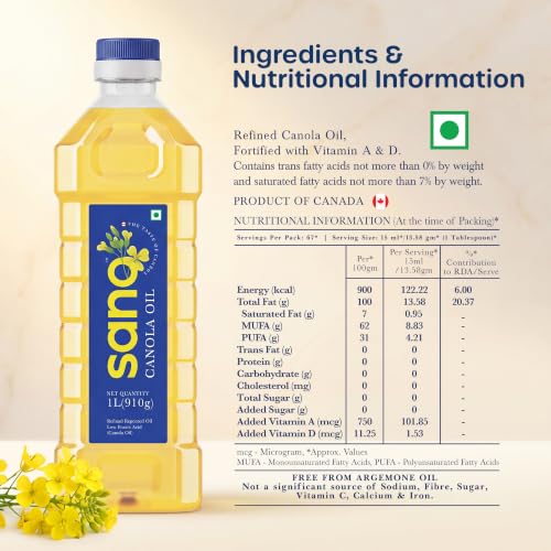 Image of Sano Canola Oil: Cooking Oil for Daily Use | Recommended for All Types of Cuisines | Ideal for Conscious Cooking | 1 Liter (Pack of 1)