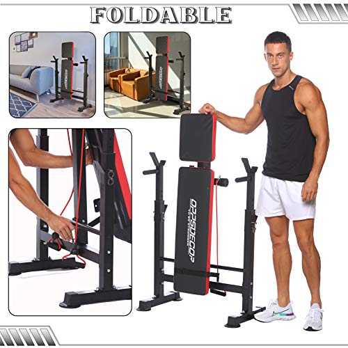 Adjustable Weight Bench Incline Seat Multi-Function Folding weight benches Fitness Workout Barbell Rack for Strength Training Home Gym (Red)