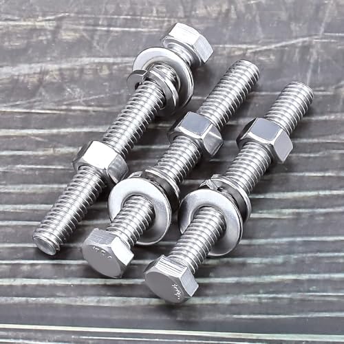 Image of (5 Sets) 3 /8-16 x 3-1 /2 inch Hex Bolt and Nut Kit, 304 Stainless Steel (18-8), Fully Threaded, Flat & Lock Washers Included
