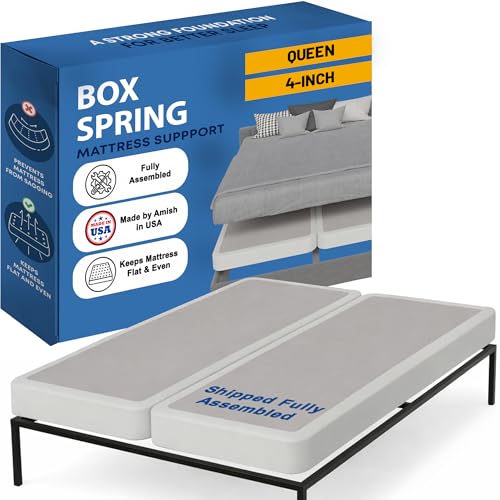 Greaton, Box Spring Bed Base Queen Size, 4-Inch Wood Mattress Foundation – Amish Made in USA – Quiet Noise Free, 2-Pieces Under Mattress-Support BoxSpring, Fully Assembled, White