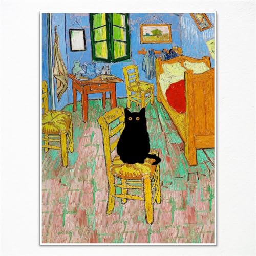 GAINOW Arte da parete retrò di Vincent Van Gogh su tela, famose stampe, dipinto da camera ad Arles, divertente poster del gatto nero, decorazione murale per camera da letto 30 x 40 cm, senza cornice