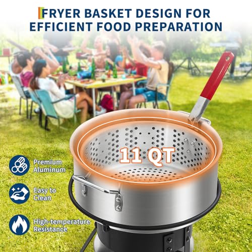 Outdoor Propane Deep Fryer with 58,000 BTU Cast Iron Burner, 11 QT Round Fish Fryer & 6.7 QT Basket, Heavy Duty Steel Rack for Backyard, Camping, Tailgating, Black