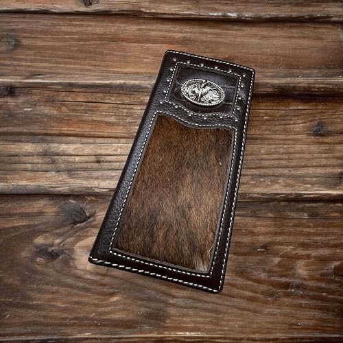 Men’s Long Leather Wallet – Hand Tooled Brown Rodeo Bifold with Hair-On Cowhide and Bull Rider Concho – Western Checkbook Wallet for Cowboys & Rodeo Fans2