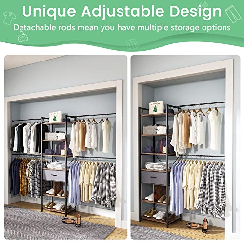 Kepptory Clothes Rack With Adjustable Hanging Rods, Freestanding Closet Wardrobe With Drawer And 6 Shelves, Heavy Duty Clothing Rack Fits Spaces 5.9 – 8.5 Ft, Wall Mounted Wardrobe Organizer #TOP2