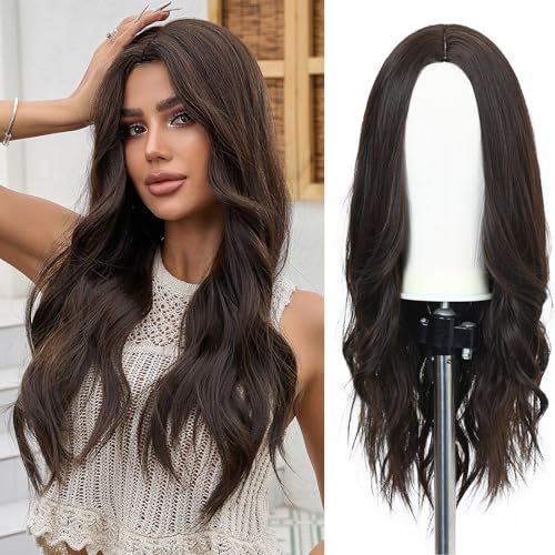 Esmee lungo ondulato nero marrone parrucche per le donne ad alta temperatura fibra sintetica capelli parrucche 24 pollici