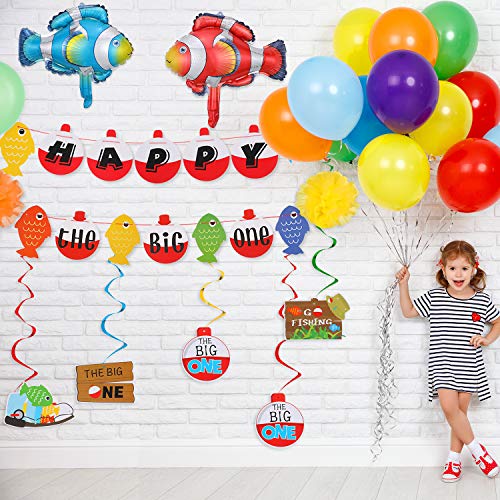 55 Piece Gone Fishing Party Supplies Happy Birthday Banner The Big One Banner Multicolor Pom Pom Flowers Fishing Themed Hanging Swirls Clown Fish Shape Balloons Latex Balloons Fish Cake Cupcake Topper #TOP5