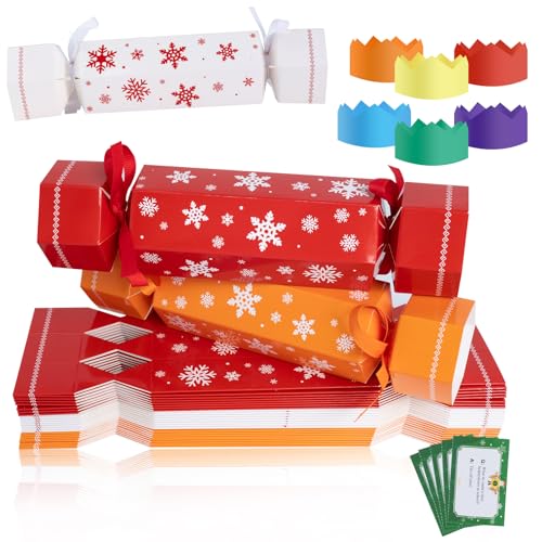 ROYUEXT 30 Pcs Christmas Crakers Christmas Surprise Box DIY Cracker Bulk Party Candy Paper Boxes with Hats Riddle Cards for Family Party Favours Novelty Decorations