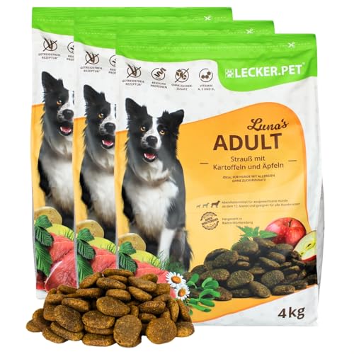 Lecker.Pet® | 12 kg Luna's Strauß mit Kartoffel & Apfel Hunde Trockenfutter Vollnahrung | Getreidefreie Trockenvollnahrung | Alleinfutter für Erwachsene Hunde | Nährstoffreiche Proteinquelle