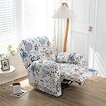 Highdi Recliner Chair Covers with Pockets for Electric Chair, 4 Pieces Luxury Floral Stretch Recliner Slipcovers Non Slip Sofa Cover Furniture Protector for Living Room (Blue Chrysanthemum)