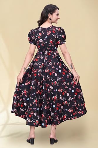 Image of Women's A-Line Crepe Maxi Dress | Stylish Fit and Flare Dress with Round Neck Short Puff Sleeves for Casual Wear
