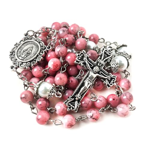 Catholic Heirlooms Virgin Mary Marbled Pink and Faux Pearl Acrylic Rosary and 5 Decade Rosary Bracelet Set