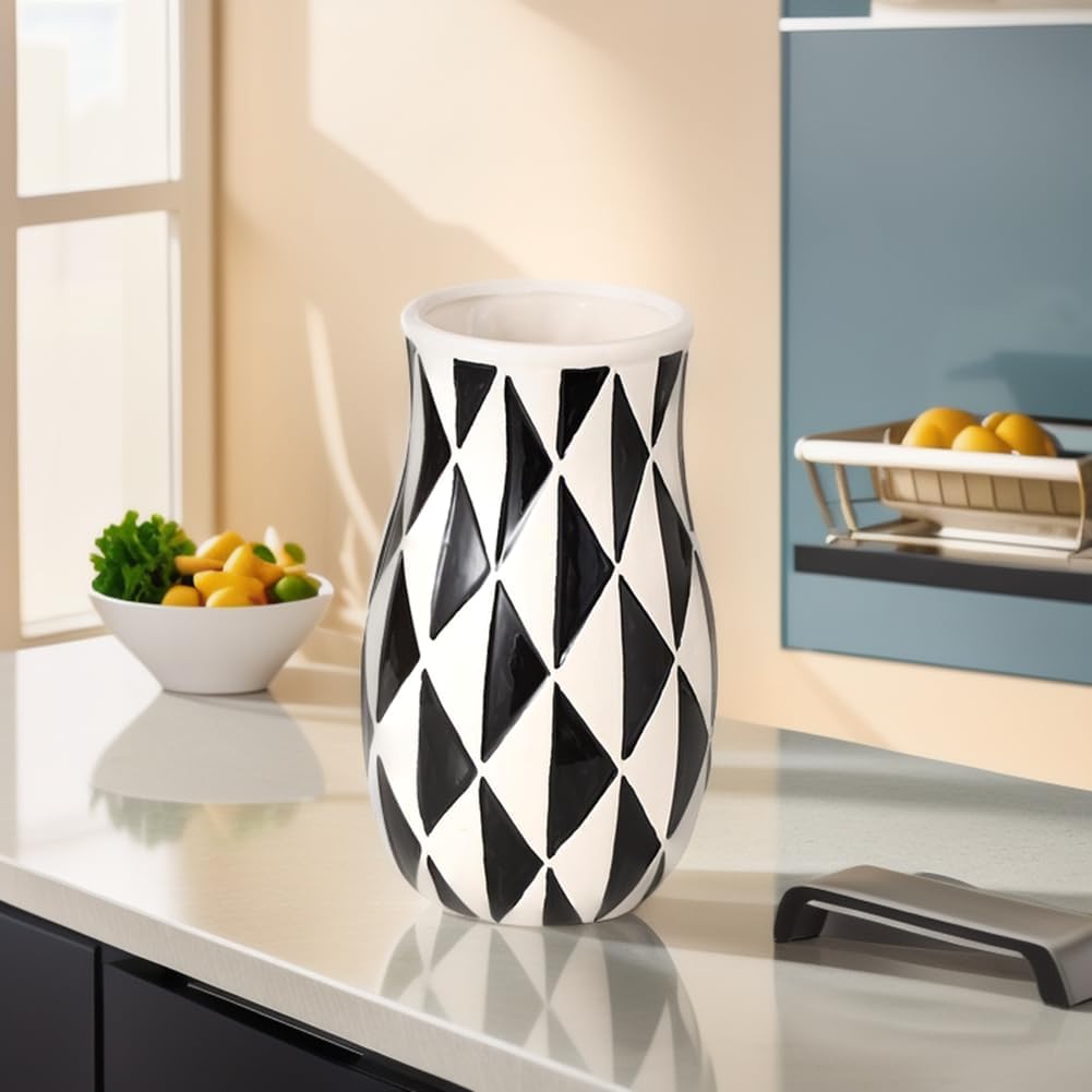 Anding Rustic Ceramic Round Vase, Black and White Tall Vase Farmhouse Decor for Living Room Entryway Tabletop Decor, Kitchen, Wedding Gift (9853)