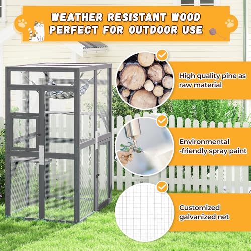 Image of Wooden Outdoor Cat Catio Enclosure with Platforms and Hammock Gray