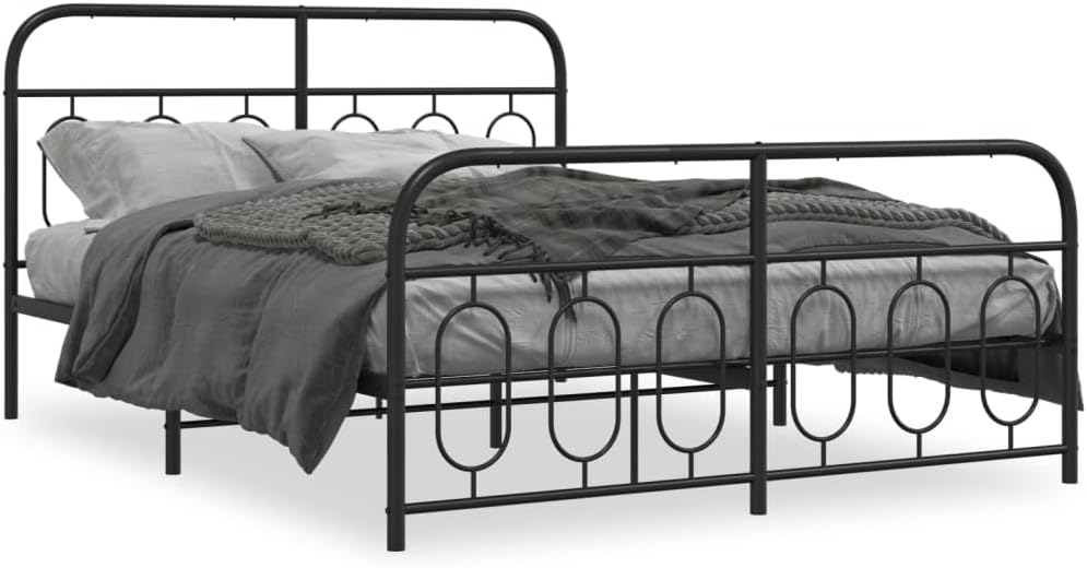 Full Bed Frame Black Steel Platform with Sturdy Slatted Foundation, Durable Heavy-Duty Rectangular Frame for Bedroom, Modern Minimalist Style