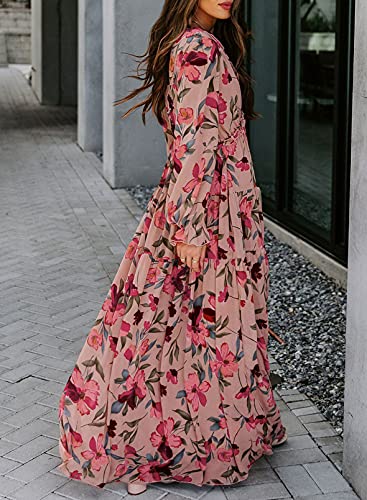 Image of BLENCOT Womens Casual Boho Floral Printed V Neck Long Sleeve Long Maxi Dress Spring Summer Dresses
