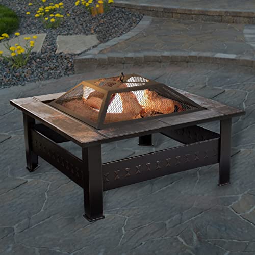 Pure Garden 50-155 Wood Burning Fire Pit Set Includes Screen, Cover And Log Poker-For Outdoor And Patio, 32-Inch Marble Tile Square Firepit, Bronze #TOP5