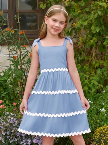Haloumoning Girl's Sundresses Kids Summer Sleeveless Bowknot Strap RIC Rac Smocked Summer Dresses 5-14 Years2