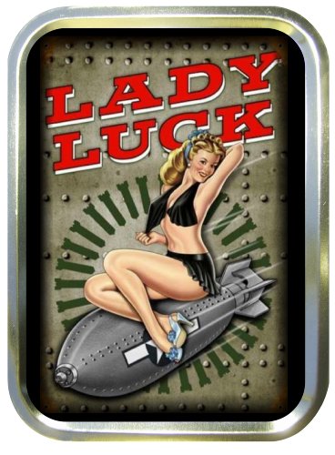 US LADY LUCK PIN UP GIRL ON BOMB 2oz GOLD TOBACCO TIN,BACCY TIN,PILL BOX, STASH CAN,STORAGE TIN