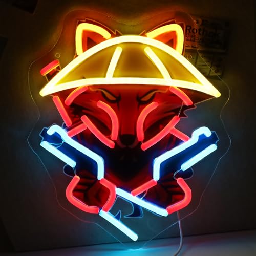 Image of Fox with Gun Neon Sign For Wall Decor, Colorful UV Printed Neon Light with Retro Design, LED Artwork for Bar, Bedroom, Game Room, Party Decoration Holiday Birthday Gifts