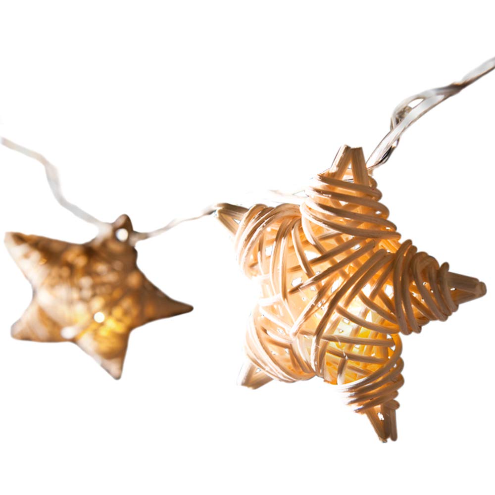 Blaze On Wicker Star Fairy Lights (Natural Cream) – 10 Warm White LED Lights – Hand-Woven Wicker Stars Made from Natural Rattan – 3-Pin UK Mains Plug – Indoor Decorative String Lights