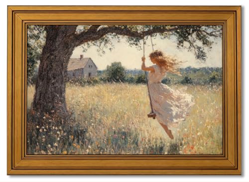 Image of Vintage Gold Framed Canvas Wall Art, Swing Girl Poster Artwork, Country Landscape Print Picture, English Cottage Wildflorals Painting Wall Decor, for Living Room, Bedroom, Home Decoration, 9x11in