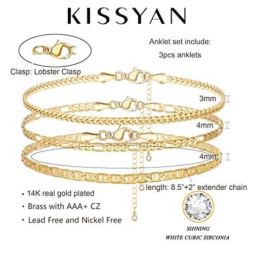 Kissyan Gold Layered Ankle Bracelets For Women, Dainty 14K Gold Plated Layering Anklets Set Adjustable Fashion Cuban Link Snake Tennis Chain Ankles Summer Beach Foot Jewelry Gifts For Women Girls #TOP3