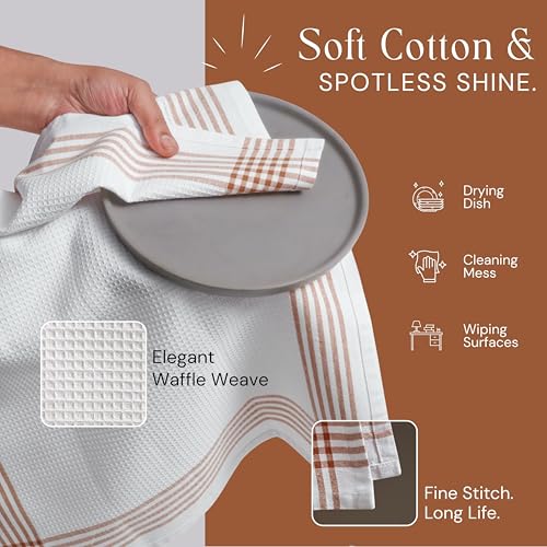 Image of Waffle White & Multi Colors Kitchen Towels Set of 12, 100% Cotton, 16x26 inches, Durable Dish Towel, Quick Dry Dishcloths, Ideal for Drying, Wiping - Mustard Yellow, Sky Blue, Brown