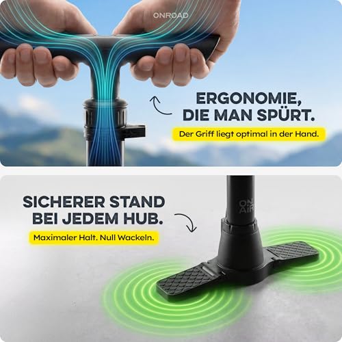 Fahrradpumpe alle Ventile (SV/AV/DV) – Luftpumpe Fahrrad ON-AIR Ultra mit Großem Manometer, Adapterfach & Gratis Beutel | Hochwertige Standpumpe mit Klappbaren Standfuß und Abnehmbaren Griff