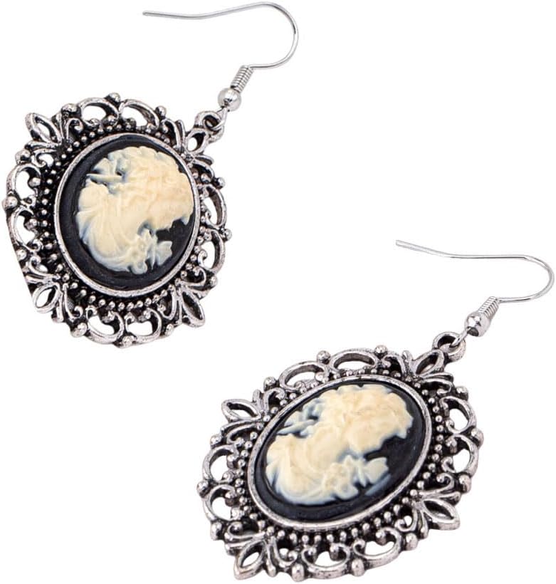 Victorian Princess Cameo in Silver Finish Frame Hook Earrings for Women Statement Elegant Antique Silhouette Oval Dangle Drop Vintage Gothic Art Deco Halloween Mother's Day Holiday Jewelry Gifts