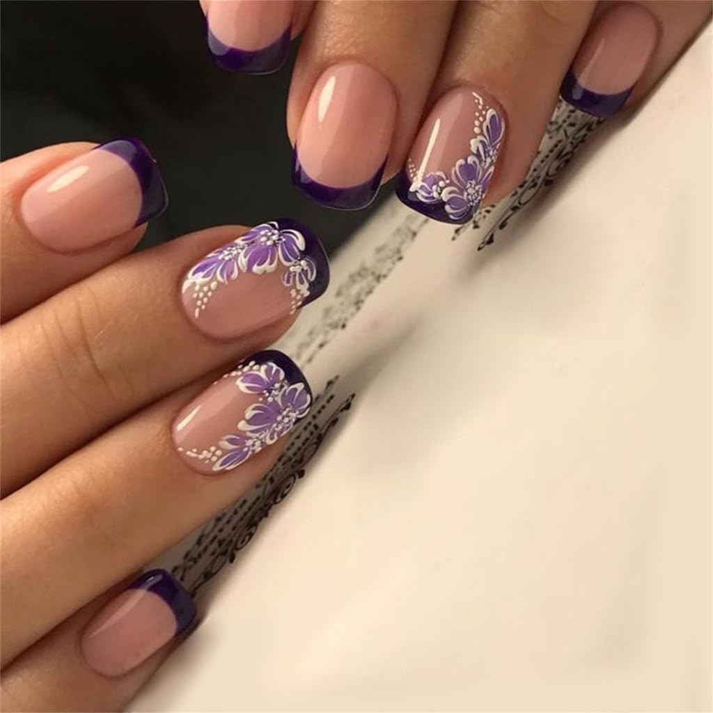 24x French Tip Full Covers False Nails Flowers Short Square Stick On Nails Acrylic Nails for Daily