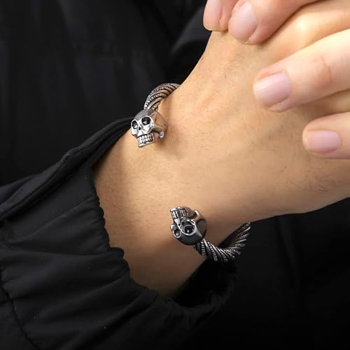 Sipuris Mens Skull Bracelet Norse Viking Arm Rings Adjustable Stainless Steel Skull Head Twisted Cable Cuff Bangle Bracelet For Men Pagan Symbol Jewelry (Sliver2) #TOP1