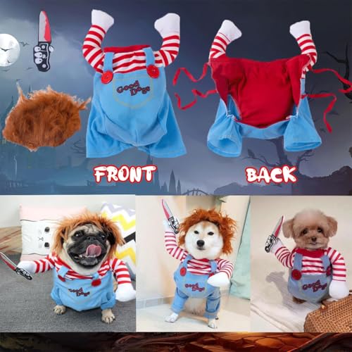 OIXEYA Hundekostüme für Hunde Wig and Knife, Lustige Chucky Hundekleidung Puppe Halloween Karneval Cosplay Kostüm (S)