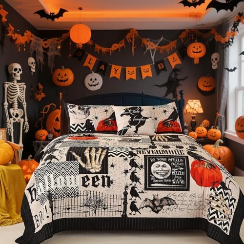 EVENHUG Halloween Quilt Set King Size Bedspread with Pillow Shams...