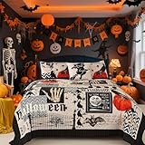 EVENHUG Halloween Quilt Set King Size Bedspread with Pillow Shams Festival Themed Bedding Sets Pumpkin Ghost Coverlet 4 Piece (104'x90')