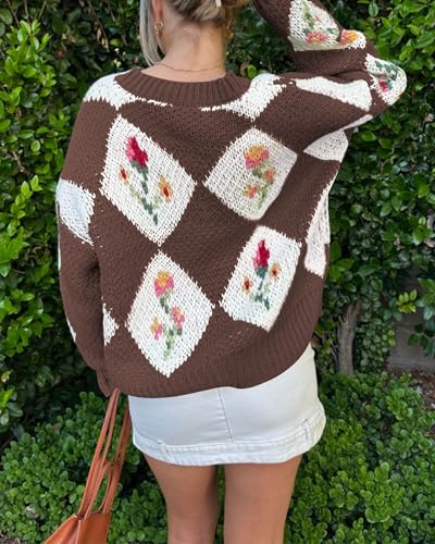 Image of ZAFUL Floral Sweaters for Women Trendy Crew Neck Long Sleeves Knitted Pullover Boho Sweater Chunky Knit Tops