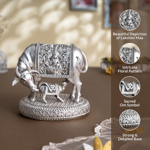 Image of Svastika 999 Silver Plated Kamdhenu Cow with Calf Idol | 4.5 Inch Premium Kamadhenu Vastu Showpiece | Gift Boxed | Wedding Housewarming for Couples