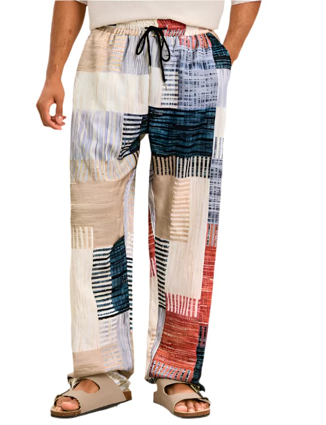 Men's Multicolor Patchwork Drawstring Waist Straight Leg Pants β Loose Fit Woven Trousers, Pockets, Boho-Inspired Design3