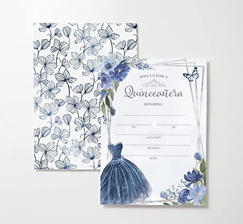 M Market On Mainstreet Quinceanera Party Invitations w/White Envelopes, 25 Count, Made In The USA (25, Blue Quinceanera)