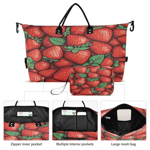 ​​Large Foldable Travel Duffel Bag, Waterproof Gym Bag for Men & Women, Carry-On Luggage Weekender Overnight Bag, Juicy Strawberry Print2
