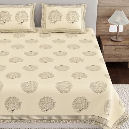 Image of Living Roots Ethnic Jaipur Block Print Double Cotton Bedsheet & 2 Pillow Covers, for Mattress Upto 6 inches Thick, No Colour Bleeding, Grey Colour, King Size 90 * 108 inches, 120TC (605-C)