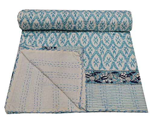 YUVANCRAFTS Indian Hand Block Print Kantha Quilt Hnadmade Twin Size Pure Cotton Single Kantha Throw Blanket Bedspread Gudari