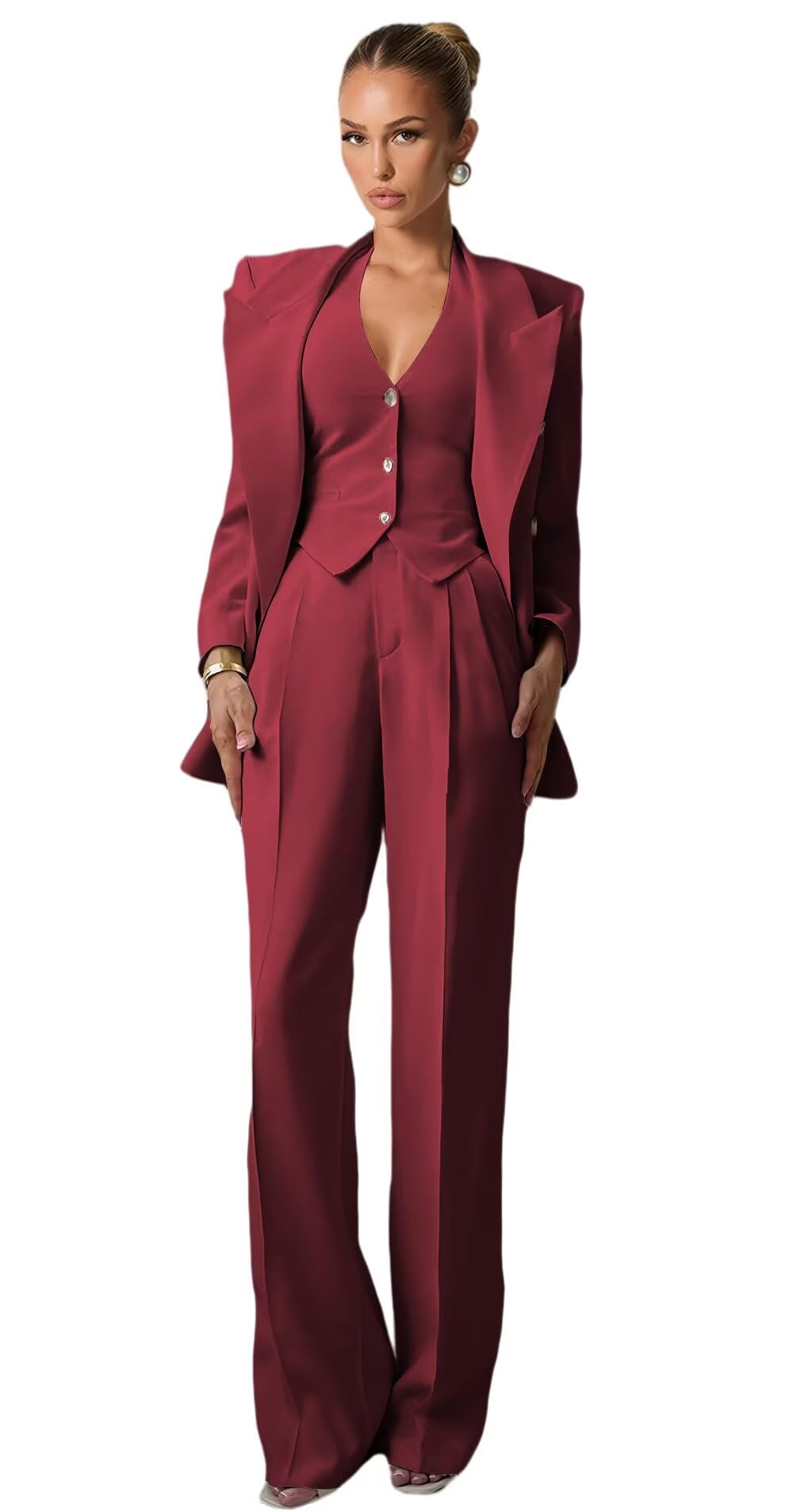 Burgundy Suits for Women Dressy 3 Piece Double Breasted Womens Suit Office Work Pants Suits for Women Dressy