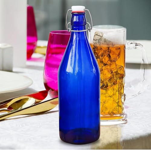 Image of Pure Source India Leak-Proof Reusable Blue Glass Water Bottle 1L with Airtight Steel Lock (Set of 6)
