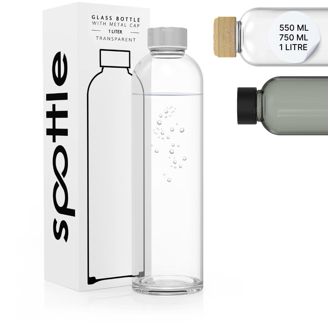 spottle glass water bottle 500ml - 750ml - 1 litre - borosilicate glass water bottle 1l with lid bpa free - for home - for fridge - dishwasher safe