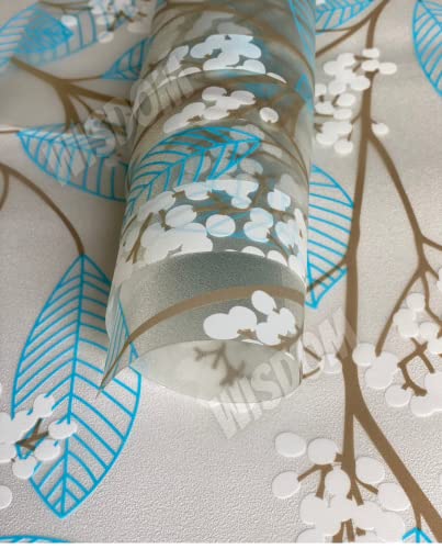 Image of WISDOM Privacy Window Film Frosted Glass Film Glass Film No Glue Anti-UV Window Sticker Non Adhesive for Privacy Office Meeting Room Bathroom Living Room (Leaf Blue Flower, 12 x 80 inch)