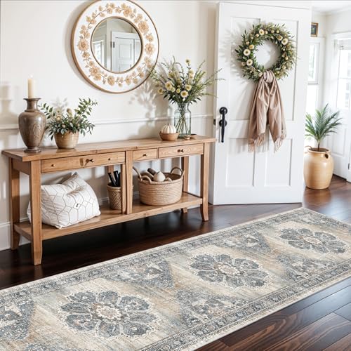 Washable 3x14 Hallway Runner Rug: Soft Kitchen Rug Non Slip Rug Runner with Rubber Backing for Living Room Bedroom Bathroom Non Shedding Farmhouse Carpet Runner Rug (Blue, 3X14)