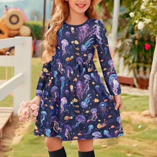 Uourmeti Crewneck Dresses with Pockets Button Down Midi Dress for Girls Long Sleeve A-Line Dresses3